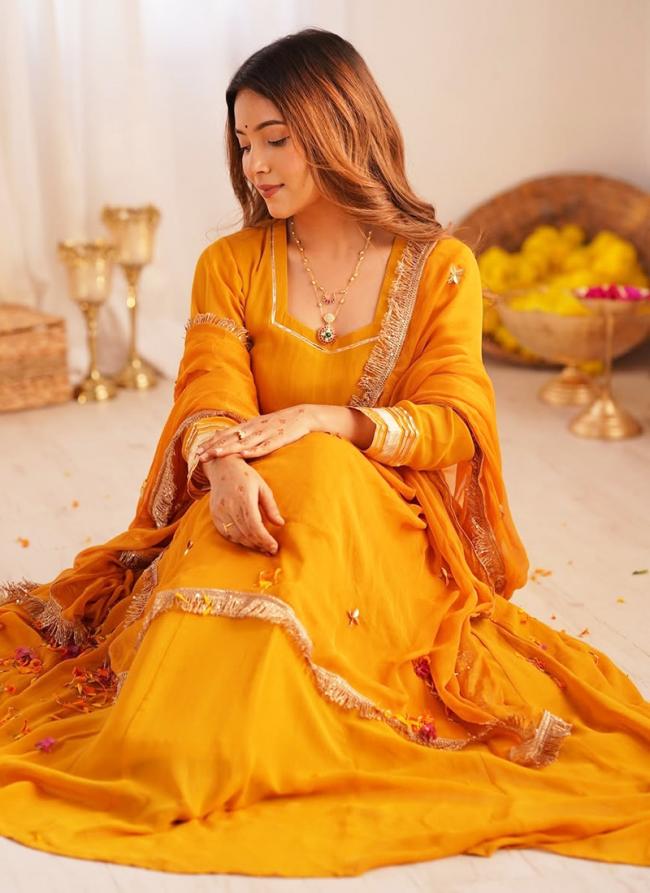 Georgette Orange Daily Wear Gota Patti Work Readymade Gown With Dupatta